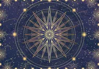 Altın yıldız kartı, güneş patlaması, ışık ışınları, güneş. Takımyıldız gökyüzü. Zodiac burç sembolü, astroloji tılsımı, ruhani işaret, mistik simge, amblem. Sihirli galaksi çizimi