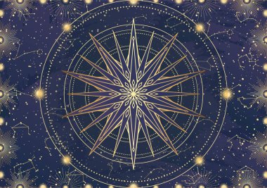 Altın yıldız kartı, güneş patlaması, ışık ışınları, güneş. Takımyıldız gökyüzü. Zodiac burç sembolü, astroloji tılsımı, ruhani işaret, mistik simge, amblem. Sihirli galaksi çizimi