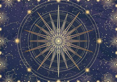 Altın yıldız kartı, güneş patlaması, ışık ışınları, güneş. Takımyıldız gökyüzü. Zodiac burç sembolü, astroloji tılsımı, ruhani işaret, mistik simge, amblem. Sihirli galaksi çizimi