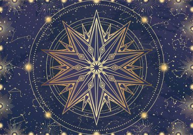 Altın yıldız kartı, güneş patlaması, ışık ışınları, güneş. Takımyıldız gökyüzü. Zodiac burç sembolü, astroloji tılsımı, ruhani işaret, mistik simge, amblem. Sihirli galaksi çizimi