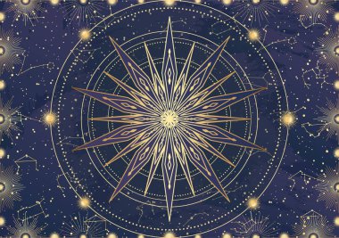 Altın yıldız kartı, güneş patlaması, ışık ışınları, güneş. Takımyıldız gökyüzü. Zodiac burç sembolü, astroloji tılsımı, ruhani işaret, mistik simge, amblem. Sihirli galaksi çizimi