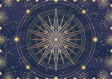 Altın yıldız kartı, güneş patlaması, ışık ışınları, güneş. Takımyıldız gökyüzü. Zodiac burç sembolü, astroloji tılsımı, ruhani işaret, mistik simge, amblem. Sihirli galaksi çizimi