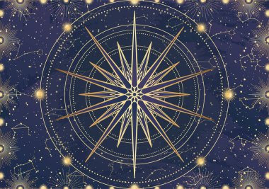 Altın yıldız kartı, güneş patlaması, ışık ışınları, güneş. Takımyıldız gökyüzü. Zodiac burç sembolü, astroloji tılsımı, ruhani işaret, mistik simge, amblem. Sihirli galaksi çizimi