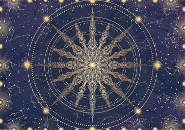 Altın yıldız kartı, güneş patlaması, ışık ışınları, güneş. Takımyıldız gökyüzü. Zodiac burç sembolü, astroloji tılsımı, ruhani işaret, mistik simge, amblem. Sihirli galaksi çizimi