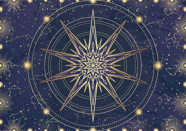 Altın yıldız kartı, güneş patlaması, ışık ışınları, güneş. Takımyıldız gökyüzü. Zodiac burç sembolü, astroloji tılsımı, ruhani işaret, mistik simge, amblem. Sihirli galaksi çizimi