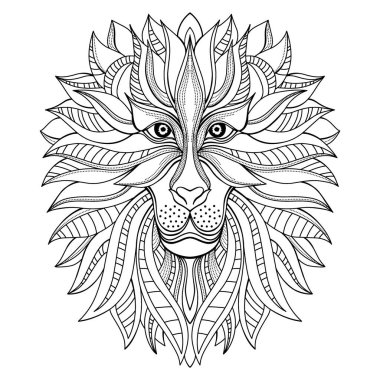 Aslan kafasının el çizimi silueti, aslan surat. Boyama kitabı sayfası, çocuklar için stres önleyici, yetişkinler için. Vahşi hayvan ikonu, logo, amblem, dövme. Beyaz arkaplanda vektör çizimi
