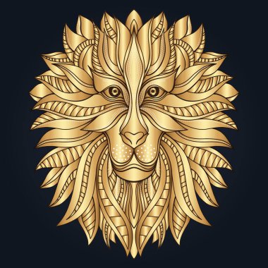 El yapımı süslemeli altın aslan başı, aslan surat. Soyut etnik eğilimli yırtıcı hayvan yelesi desenleri. Vahşi ikon, maskot logosu, güç amblemi. Koyu arkaplanda vektör illüstrasyonu