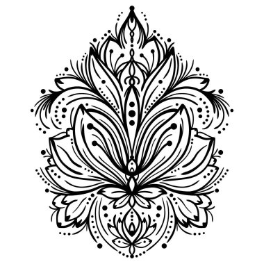 Bukleli çiçek süsü elle çizilmiş. Dekoratif damask tarzı, etnik oryantal desen, açılış barok, klasik arabesk tasarımı. Vektör illüstrasyonu beyaz arkaplanda izole edildi