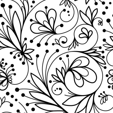 Çiçek, yapraklar, dallar, bukleler ve akan çizgilerle soyut, pürüzsüz desen. Çiçeksel süs dokusu. Duvar kağıdı, ambalaj kağıdı, kumaş için el çizimi vektör çizimi