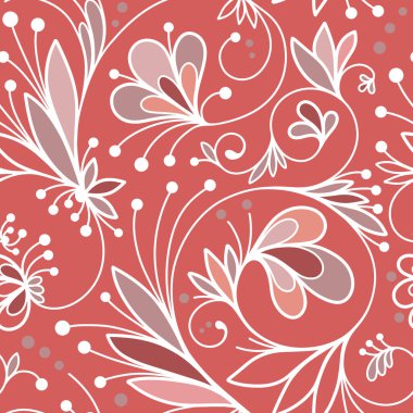 Çiçek, yapraklar, dallar, bukleler ve akan çizgilerle soyut, pürüzsüz desen. Kırmızı çiçekli süs dokusu. Duvar kağıdı, ambalaj kağıdı, kumaş için el çizimi vektör çizimi