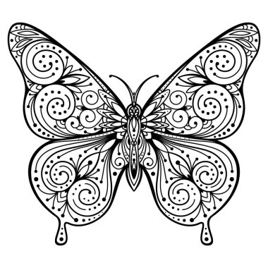 Çiçekli süs desenli el çizimi uçan kelebek silueti. Dekoratif renklendirme sayfası, yetişkinler için stres önleyici, etnik oryantal süs, dövme. Beyaz arkaplanda vektör illüstrasyonu