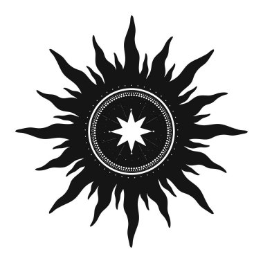 El çizimi mistik güneş, güneş ışınları, yıldızlar. Ruhsal gökyüzü, astroloji işareti, astronomi sembolü. Sihirli tılsım, antika tarzı, klasik, boho, tarot. Vektör özet çizimi
