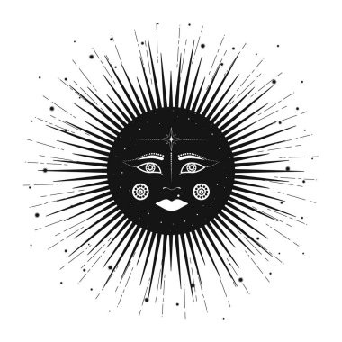 El çizimi mistik güneş yüzü, güneş ışığı, yıldızlar. Ruhsal gökyüzü, astroloji işareti, astronomi sembolü. Sihirli tılsım, antika tarzı, klasik, boho, tarot. Vektör özet çizimi