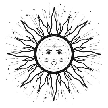 El çizimi mistik güneş yüzü, güneş ışığı, yıldızlar. Ruhsal gökyüzü, astroloji işareti, astronomi sembolü. Sihirli tılsım, antika tarzı, klasik, boho, tarot. Vektör özet çizimi
