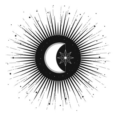El çizimi mistik güneş ve ay, hilal, yıldız. Ruhsal gökyüzü, astroloji işareti, astronomi sembolü. Sihirli tılsım, antika tarzı, klasik, boho, tarot. Vektör özet çizimi