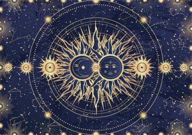 Yüzü, hilal, yıldız, güneş patlaması, gece gökyüzü olan mistik güneş ayının kartı. Takımyıldız gökadası gökyüzü uzayı. Ruhsal burç burcu, astroloji işareti, astronomi sembolü. Sihirli vektör illüstrasyonu