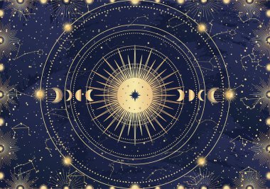 Gizemli Güneş, Ay, hilal, yıldız, güneş ışığı, gece gökyüzü. Takımyıldız gökadası gökyüzü uzayı. Ruhsal burç burcu, astroloji işareti, astronomi sembolü. Mavi üzerine sihirli vektör illüstrasyonu