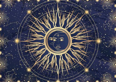 Yüzü, hilal, yıldız, güneş patlaması, gece gökyüzü olan mistik güneş ayının kartı. Takımyıldız gökadası gökyüzü uzayı. Ruhsal burç burcu, astroloji işareti, astronomi sembolü. Sihirli vektör illüstrasyonu