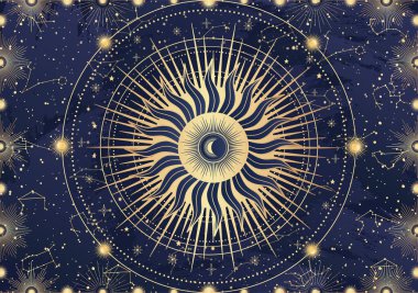 Gizemli Güneş, Ay, hilal, yıldız, güneş ışığı, gece gökyüzü. Takımyıldız gökadası gökyüzü uzayı. Ruhsal burç burcu, astroloji işareti, astronomi sembolü. Mavi üzerine sihirli vektör illüstrasyonu