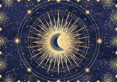 Gizemli Güneş, Ay, hilal, yıldız, güneş ışığı, gece gökyüzü. Takımyıldız gökadası gökyüzü uzayı. Ruhsal burç burcu, astroloji işareti, astronomi sembolü. Mavi üzerine sihirli vektör illüstrasyonu