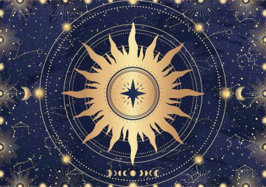 Gizemli Güneş, Ay, hilal, yıldız, güneş ışığı, gece gökyüzü. Takımyıldız gökadası gökyüzü uzayı. Ruhsal burç burcu, astroloji işareti, astronomi sembolü. Mavi üzerine sihirli vektör illüstrasyonu