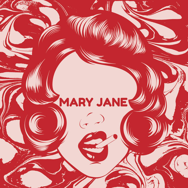 Mary Jane. Vector hand drawn illustration of girl with cigarette . Template for card, poster, banner, print for t-shirt, pin, badge, patch.