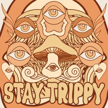 Telaşlı kal. Sürrealist mantarla çizilmiş vektör el çizimi. Yaratıcı sanat eserleri. Kart, poster, afiş, tişört, rozet, yama için baskı şablonu.