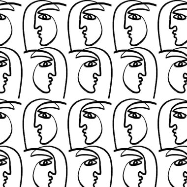 Vector pattern with hand drawn minimalistic one line illustration of human face. Creative ink flat naive artwork . Template for card, poster, banner, print for t-shirt, pin, badge, patch.