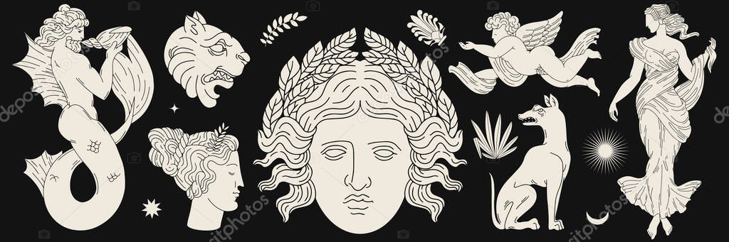 Vector set with hand drawn illustration of antique heads . Creative artwork with characters . Template for card, poster, banner, print for t-shirt, brochure, label.