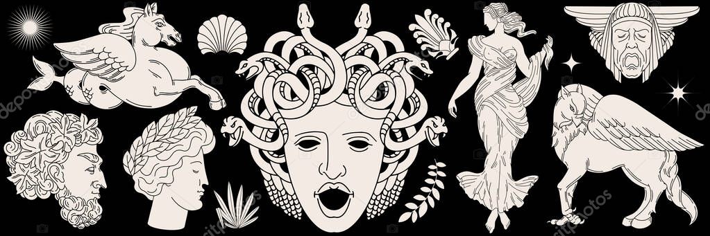 Vector set with hand drawn illustration of antique head, hippocampus . Creative artwork with characters . Template for card, poster, banner, print for t-shirt, brochure, label.