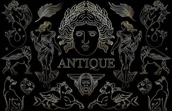 Vector set with hand drawn illustration of antique heads . Creative artwork with characters . Colden gradient. Template for card, poster, banner, print for t-shirt, brochure, label.