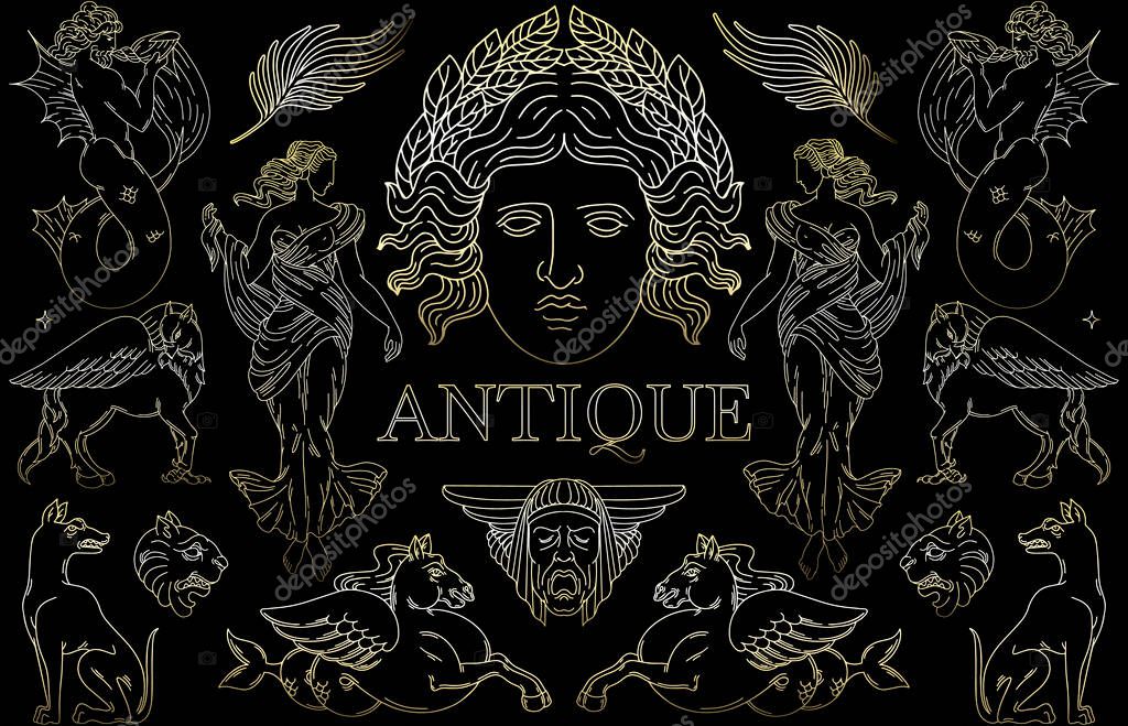 Vector set with hand drawn illustration of antique heads . Creative artwork with characters . Colden gradient. Template for card, poster, banner, print for t-shirt, brochure, label.