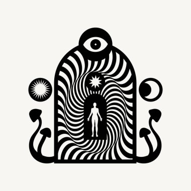Kadın ve mantar resimli vektör minimalist levha. El çizimi silueti olan yaratıcı soyut sanat eserleri. Kart, poster, afiş, tişört, rozet, yama için baskı şablonu.