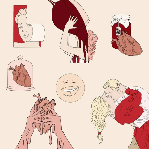 Vector Håndtegnet Samling Surrealistiske Valentinsdag Illustrationer Pige Par Hjerte Vin Royaltyfrie stock-illustrationer