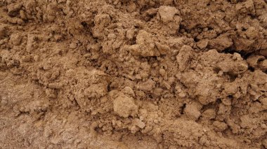 Closeup of macro view of red dirt or mud of pile soil from agriculture land. Soil Background with Text Space. Full frame texture Natural pattern