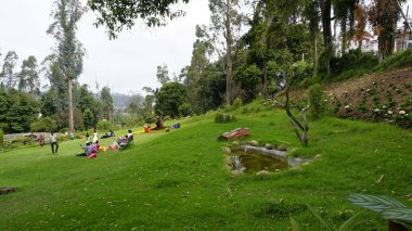 Kodaikanal, Hindistan - 02 Temmuz 2023: Chettiar Park 'ın güzel manzaralı bahçesinin tadını çıkaran turistler.