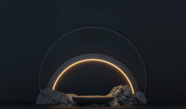 Taş, taş ve uzay ile podyum. 3 boyutlu canlandırma. Yumuşak tüylü bulutlar, beyaz köpük ve taş. Ürün sunumu Mockup. Kozmetik ürünleri, tıraş köpüğü, şampuan, yüz yıkama...