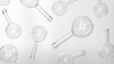 Beyaz arka planda boş şişe. Tıbbi kavanoz, kap. 3D çizim. Bilimsel üniversite mikrobiyoloji araştırması. Cam kap kimyasal işi..