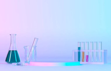 Ürün gösterimi için boş podyum ve mavi zemin üzerinde şeffaf cam test tüpleri.