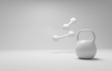 Spor aletleri beden eğitimi için hazır. 3 boyutlu resimleme. Dambıllar, kettlebell, top, dayanıklılık ve dayanıklılık eğitimi için elastik bant. Çevrimiçi eğitim, spor salonu, evde sağlık eğitimi