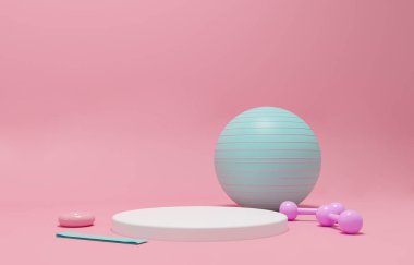 Spor aletleri beden eğitimi için hazır. 3 boyutlu resimleme. Dambıllar, kettlebell, top, dayanıklılık ve dayanıklılık eğitimi için elastik bant. Çevrimiçi eğitim, spor salonu, evde sağlık eğitimi