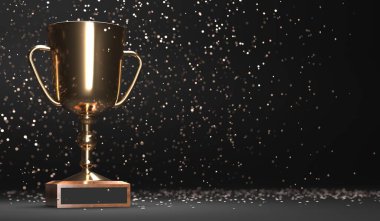 Şampiyon Kupası. 3 boyutlu resimleme. Turnuvayı kazandığın için ödül. Koyu arkaplanda altın ödül