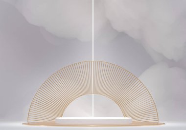 Yaya ve yumuşak tüylü bulutlar, beyaz sabunlu köpük. 3 boyutlu resimleme. Marka tanıtım ürünleri için podyum. Kozmetik sunumu için beyaz gri arka plan. Temel modellemeyi uygula