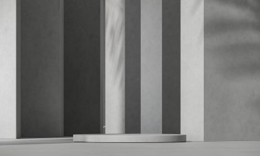 Duvarında gölgesi olan sergi podyumu. Geçersiz gri taş arka plan. Ağaç, palmiye gölgesi. 3d resimleme