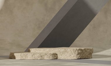 Duvardaki gölge - 3 boyutlu görüntüleme. Premium taş podyum, kaya kaidesi, pastel ışıklı arka planda kutu tezgahı. Erkekler için maket, bronzlaşma ürünleri, spa ürünleri..