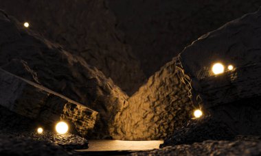 Kozmetik ürün için boş uzay modeli. Kara kömür taşları, kaldırım taşları ve işlenmemiş kaba mineraller. Parlayan toplar, organik ürünler için doğal arka plan. 3d resimleme