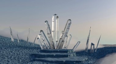 Buz tahtı, podyum ya da kozmetik için boş kaide. Kış gerçeküstücülüğünde kristaller ve buz mineralleri. 3d resimleme.
