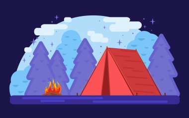 Kırmızı çadır. Violet Yaz Kampı geçmişi. Vektör geometrik düz eğilim çizimi. Doğa turizmi, kamp ya da yürüyüş tasarımı. Baskı amblemi için şablon, turist tatili gece ormanı posteri
