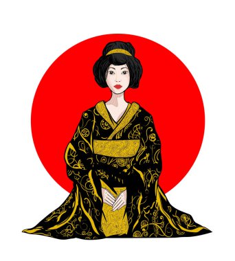 Geleneksel kimono elbiseli genç geyşa kız arkasında, yükselen kızıl güneşin Japon bayrağının arkasında oturuyor. Kültürel trendler mağazasının amblem posteri.
