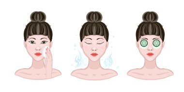 Asyalı güzel kadın yüzünü pamukla siliyor. Salatalık maskesi. Deriyi temizleme ve nemlendirme prosedürü. Dergi ve reklam kapakları için çizim biçimi vektörü. 